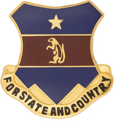 Coat of arms with a star, panther emblem, and 'For State and Country' text on a blue and gold background.