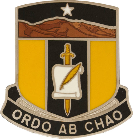 Coat of arms with mountain unit crest sword, and feather design, featuring the motto 'Ordo Ab Chao'.