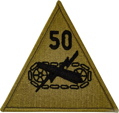 Triangular military patch with number 50 and thunder and chain symbol on a dark green background