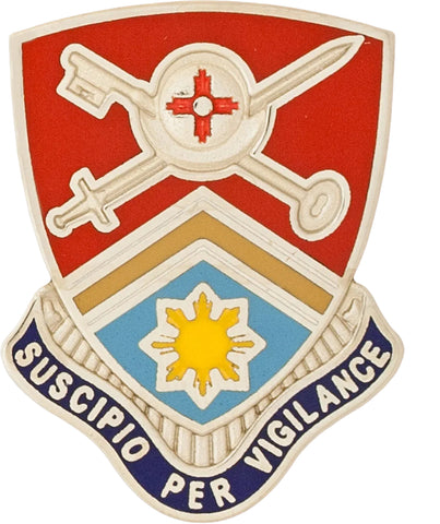 Metal unit crest Coat of arms with crossed swords, shield, and sun emblem on a red background