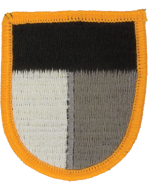 Patch with black, gray, white, and orange design on a white background