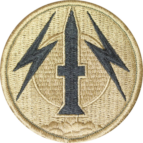 Circular patch with a central cross flanked by two lightning bolts on a beige background