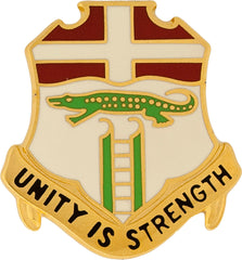 Coat of arms unit crest with a crocodile, ladder, and 'Unity is Strength' text on a white background