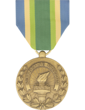 Medal with a ribbon labeled 'Supporting Freedom' on a white background