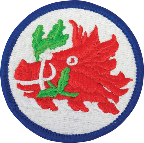 Circular patch with red dragon design on a white background