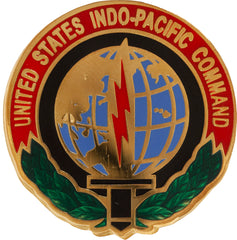 United States Indo-Pacific Command unit crest with red, gold, blue, and green colors on a white background.