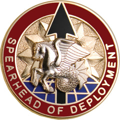 Army Military Transportation Command Unit Crest with motto: Spearhead Of Deployment, gold metal with black, burgundy, blue.