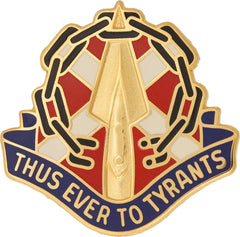 Metal Unit Crest with a sword, chains, and a banner reading 'Thus Ever to Tyrants' on a white background