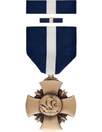 Bronze military cross medal with blue ribbon on a white background
