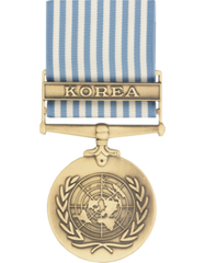 Medal with 'Korea' on a blue and white striped ribbon